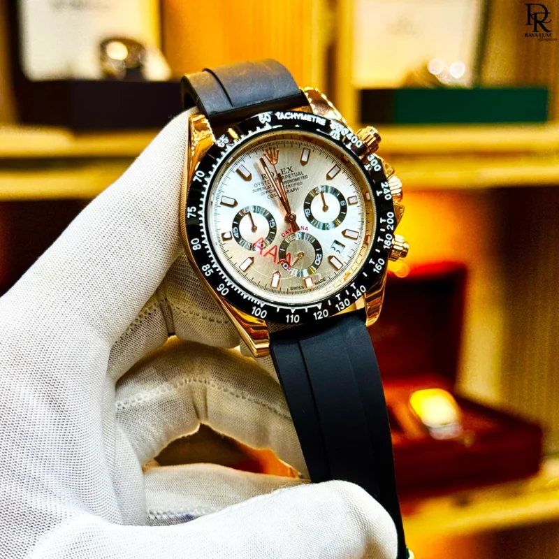 rolex second copy watch Pakistan, chronograph rubber strap watch, luxury men’s watches 2025, affordable rolex replica, quartz chronograph watch, premium rubber watch, Rava Luxe men collection