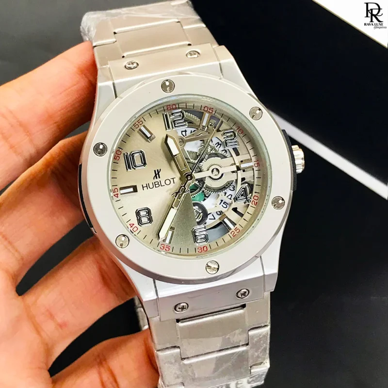 Hublot Mens Watch, Hublot Half Skeleton Watch, Hublot Stainless Steel Watch, Luxury Skeleton Watches Pakistan, RavaLuxe Hublot Collection