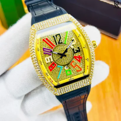 Franck Muller iced watch, Franck Muller full stone watch Pakistan, diamond watch men’s, luxury leather strap watch, Franck Muller 2025 edition, luxury watches under 5000, iced out wristwatch Pakistan