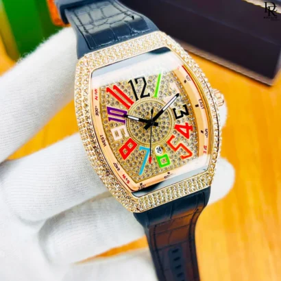 Franck Muller iced watch, Franck Muller full stone watch Pakistan, diamond watch men’s, luxury leather strap watch, Franck Muller 2025 edition, luxury watches under 5000, iced out wristwatch Pakistan